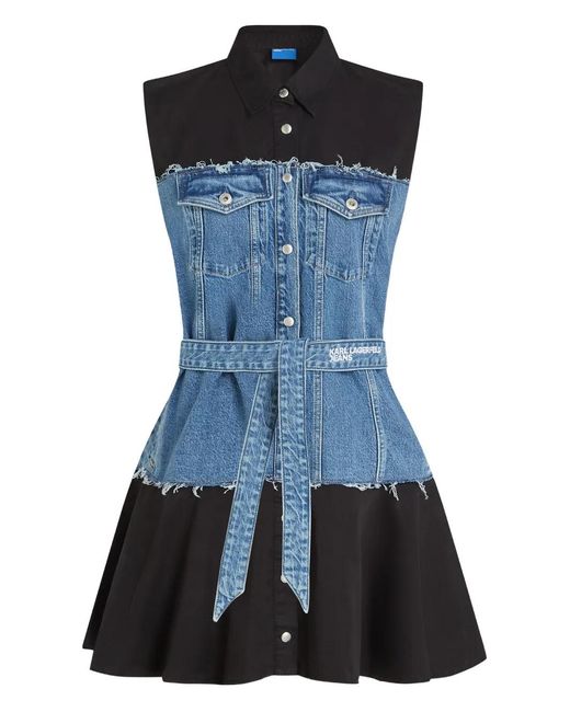 Karl Lagerfeld Blue Denim-Panelled Sleeveless Mini Dress