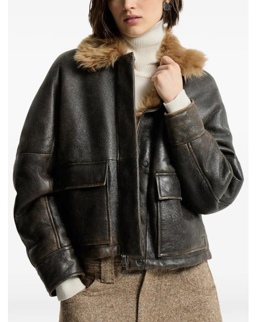 Brunello Cucinelli Black Shearling Aviator Jacket With Monili