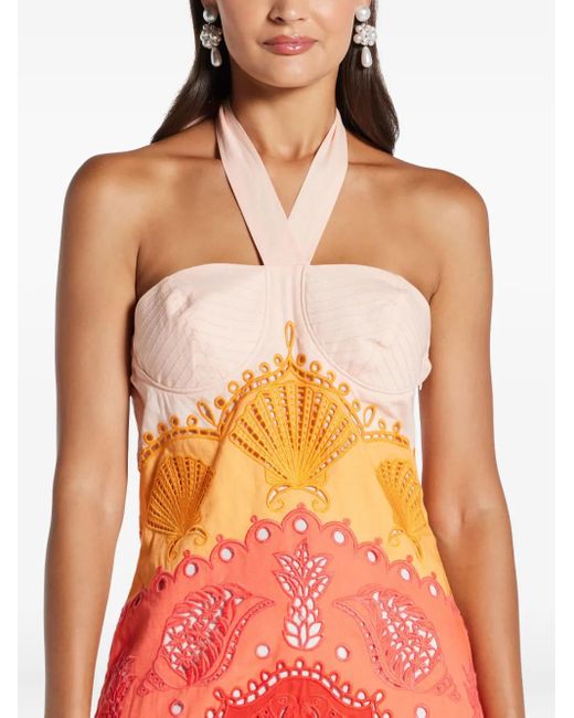 Farm Rio Red Embroidery-Eyelet Halter-Neck Midi Dress