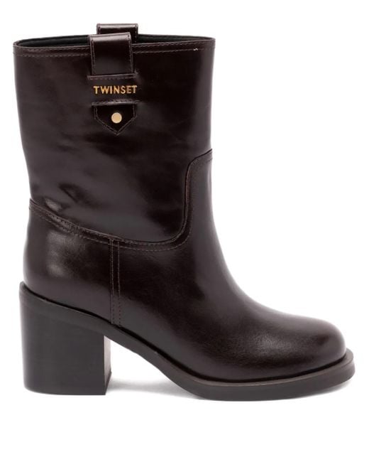 Twinset ブロックヒール レザーブーツ Brown