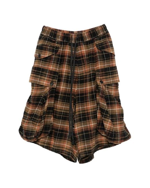 R13 Brown Check-Pattern Cargo Shorts