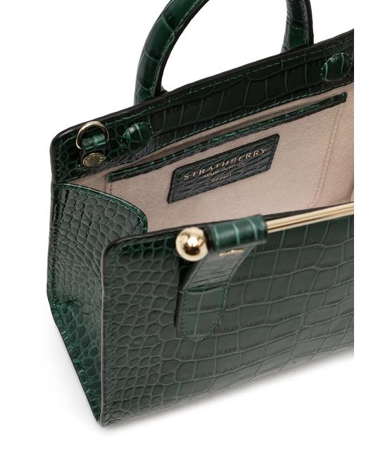 Strathberry Green Crocodile-Effect Leather Tote Bag