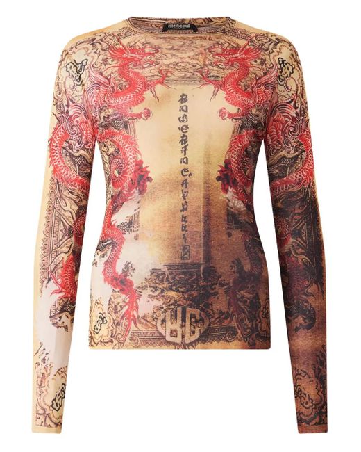 Roberto Cavalli Pink Dragon-Motif Long-Sleeve Top