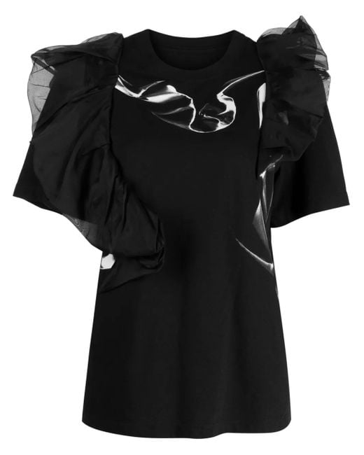 JNBY Black Ruffled Crew-Neck Cotton T-Shirt