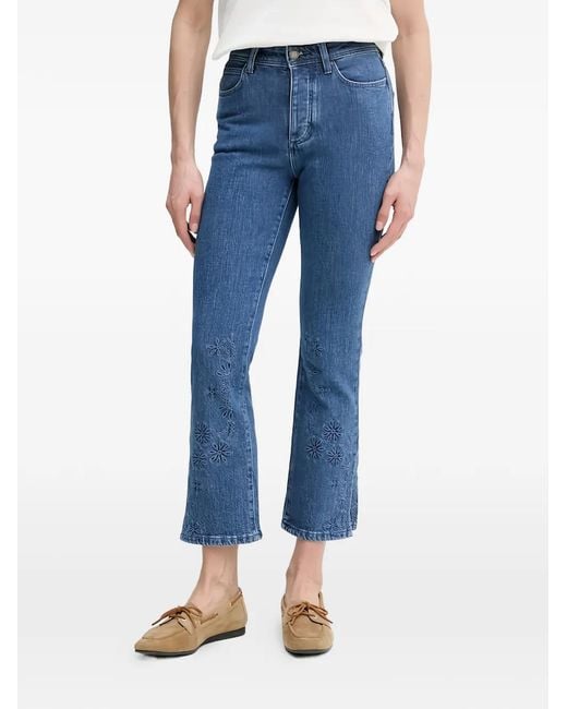 INTROPIA Blue Bruna Floral-Embroidery Split-Hem Jeans