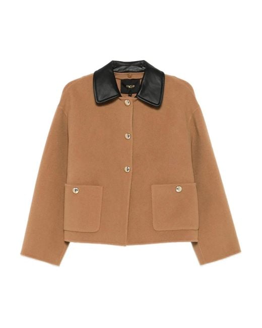 Maje Brown Leather-Trimmed Patch-Pocket Jacket