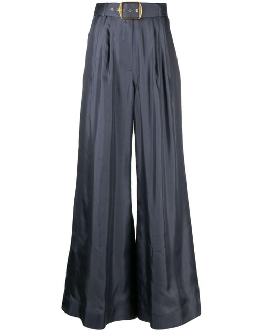Zimmermann Blue Lyrical Belted Wide-leg Silk Trousers
