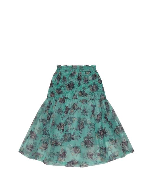Renli Su Green Floral-Print Shirred Skirt