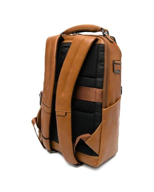 Piquadro Brown Multi-Pocket Leather Backpack for men