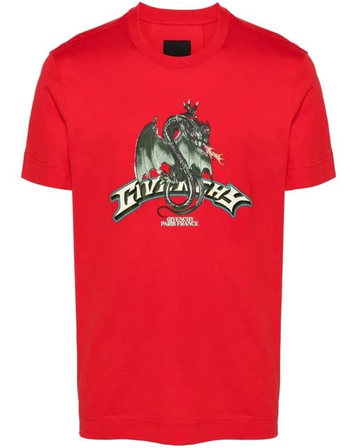 Givenchy Red Dragon-Print Cotton T-Shirt for men