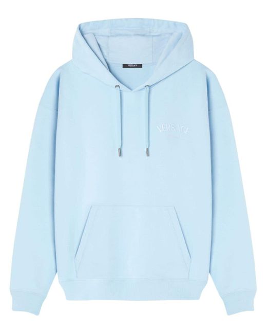 Versace Blue Logo-embroidered Cotton Hoodie for men