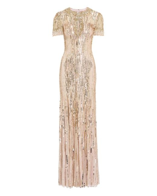 Jenny Packham Natural Nova Sequin-Embellished Keyhole-Neck Maxi Dress