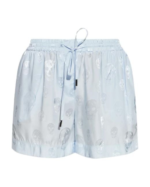 McQueen Blue Skull-Print Drawstring Shorts