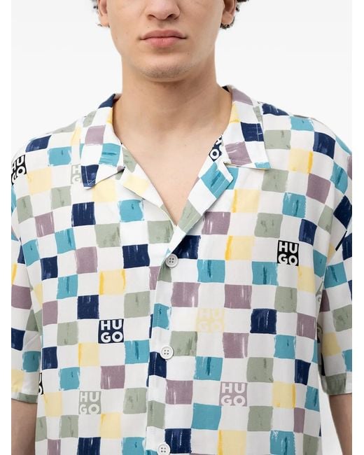 HUGO Blue Check-Print Logo-Print Short Sleeved Shirt for men