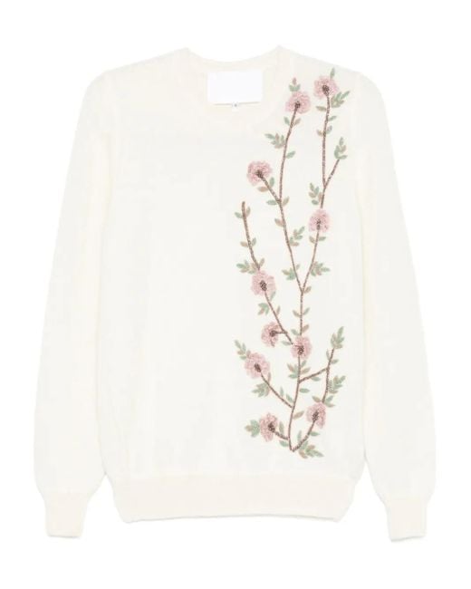 Costarellos White Floral-Embroidered Sweater
