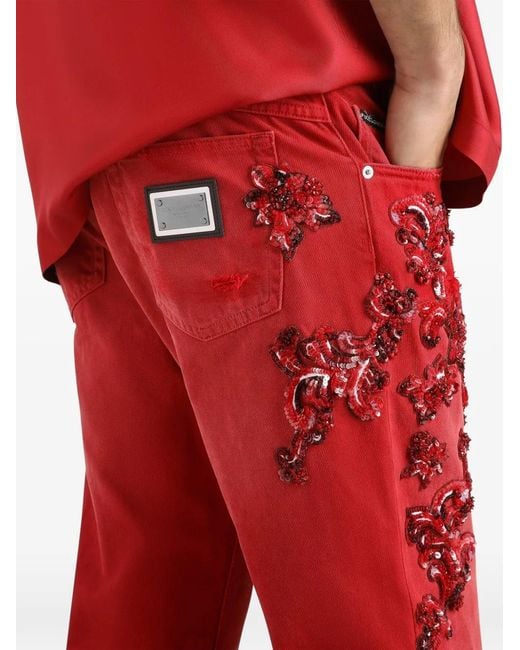 Dolce & Gabbana Red Denim Trousers With Crystals for men