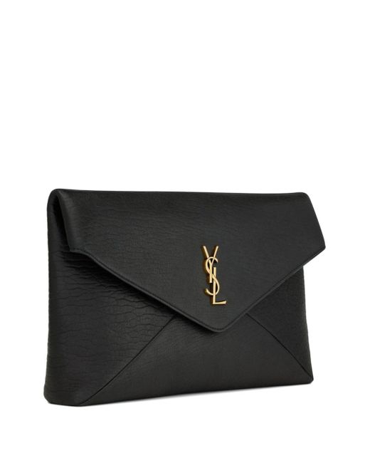 Saint Laurent Black Cassandre Large Envelope Textured-leather Clutch