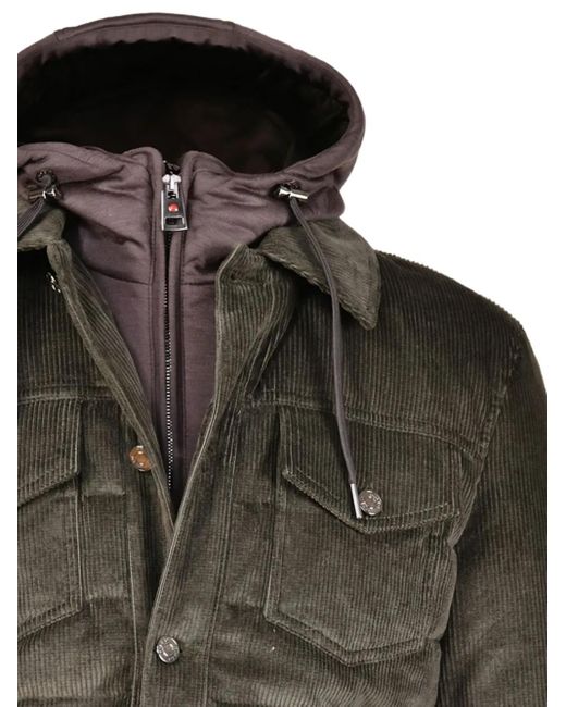 Kiton Green Corduroy Quilted Detachable-Hood Coat for men