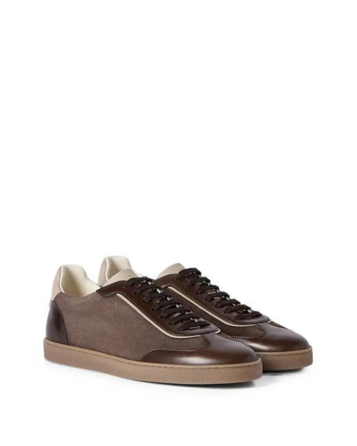 Brunello Cucinelli Brown Suede And Polished Calfskin Sneakers for men