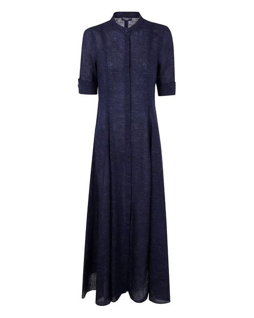 Emporio Armani Blue Icon Linen Blend Chambray Maxi Dress