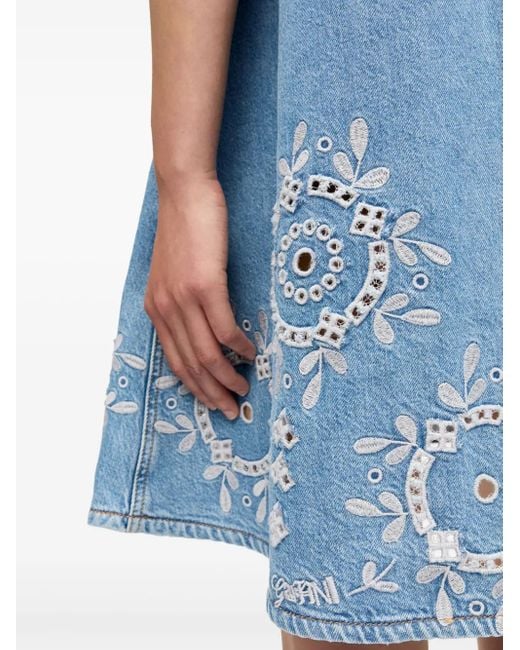 Ganni Blue Embroidered Denim Dress