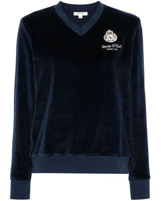 Sporty & Rich Black Logo-Appliqué Velour Sweatshirt