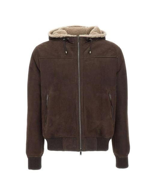 Volfagli Brown Plebiscito Merinillo Hooded Leather Jacket for men