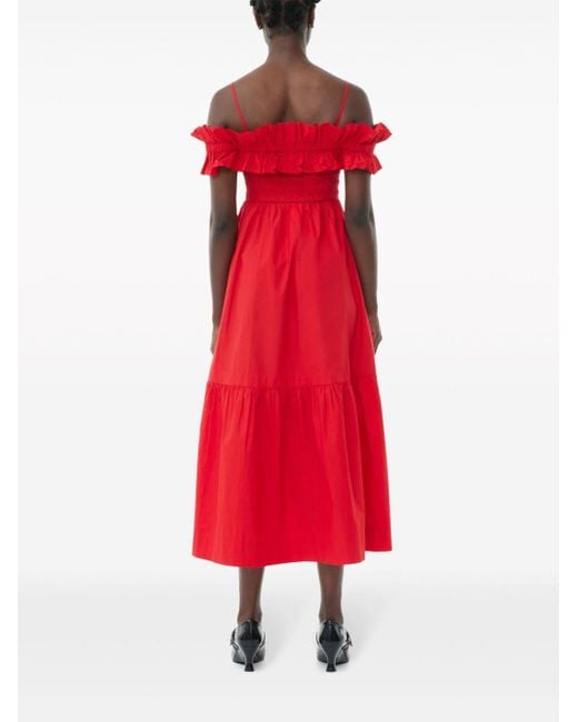 Ganni Red Gerüschtes Popeline-Kleid