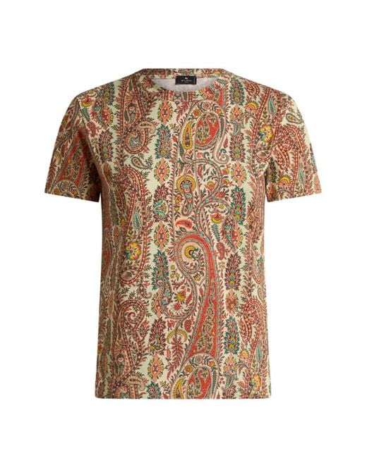 Etro White Cotton T-Shirt With Leafy Paisley Motif