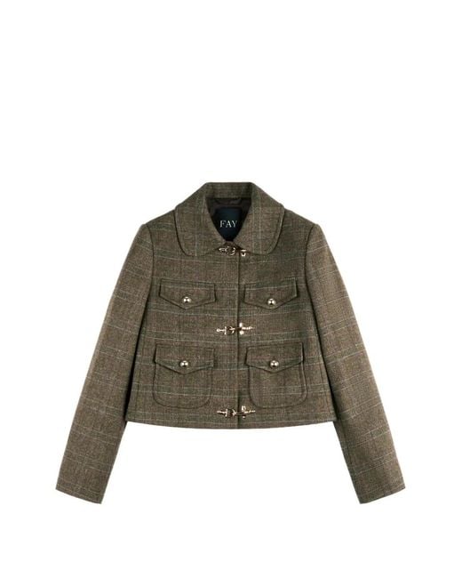 Fay Green Check-Pattern Toggle-Fastening Cropped Jacket