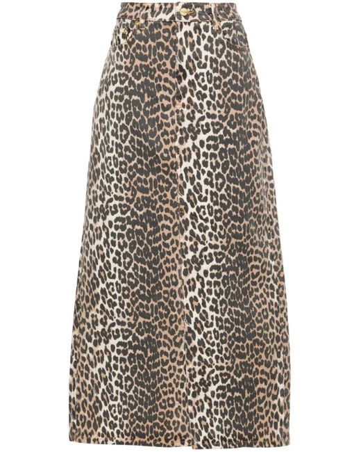 Ganni High Waist Denim Midi-Rok Met Luipaardprint in het Brown