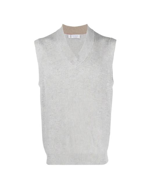Brunello Cucinelli White Ribbed-Knit Vest for men
