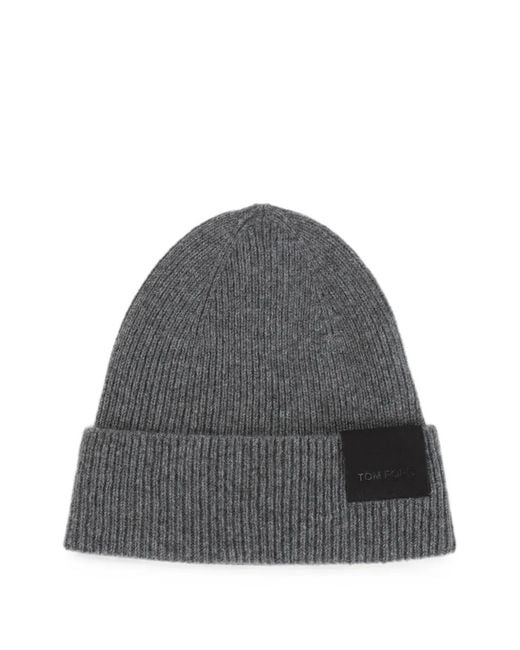 Tom Ford Gray Logo-Patch Ribbed-Knit Beanie Hat for men