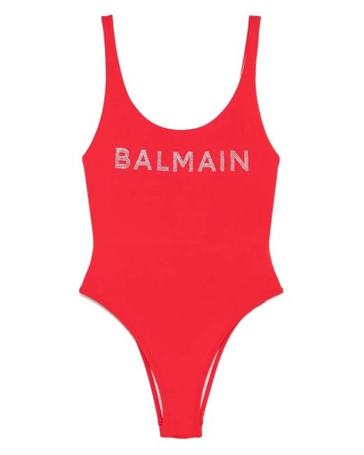 Balmain Red Logo-Appliqué Swimsuit
