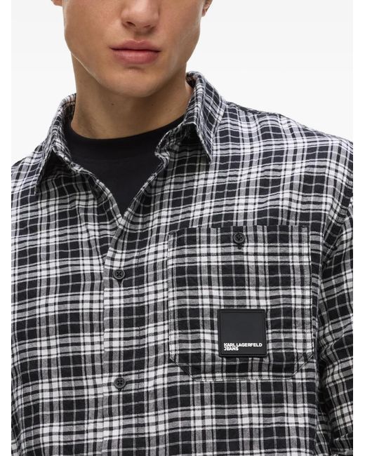 Karl Lagerfeld Gray Check-Pattern Logo-Patch Shirt for men