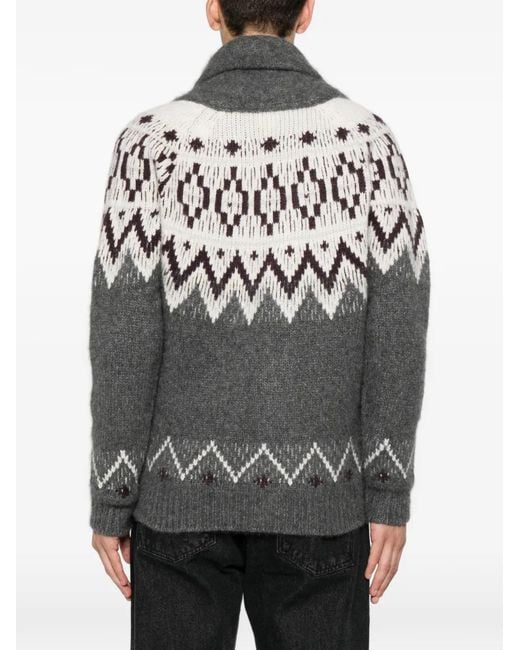 Eleventy Gray Fair Isle Shawl-Collar Cardigan for men
