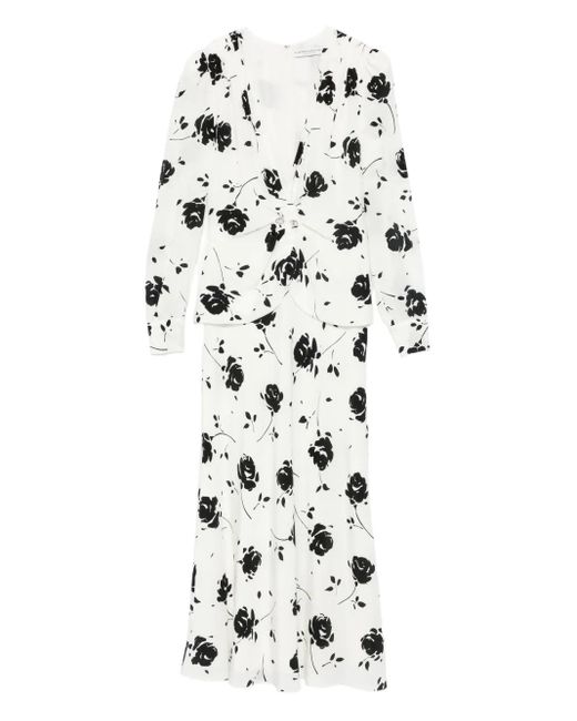 Alessandra Rich Midi-Jurk Met Roosprint En Knoopdetail in het White