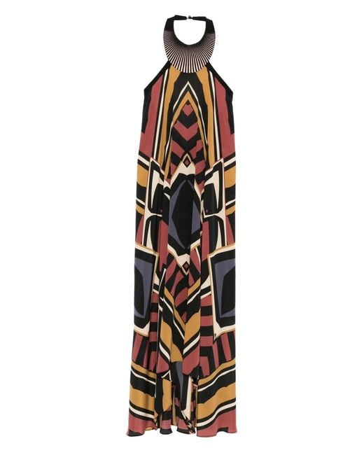 VOLANTIS Black Geometric-Print Halterneck Maxi Dress