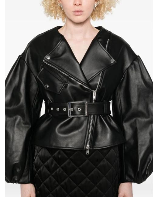 Simone Rocha Leren Jack Met Pofmouwen En Ceintuur in het Black
