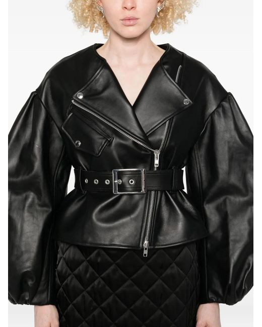 Simone Rocha Black Belted Puff-Sleeve Leather Jacket