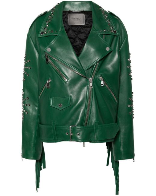 Erdem Green Studded Fringed Leather Biker Jacket