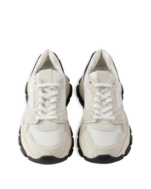 Prada White Mesh Fabric And Suede Sneakers