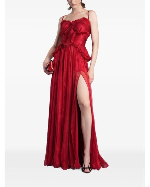 IRIS SERBAN Red Ruffled Pleated Maxi Dress