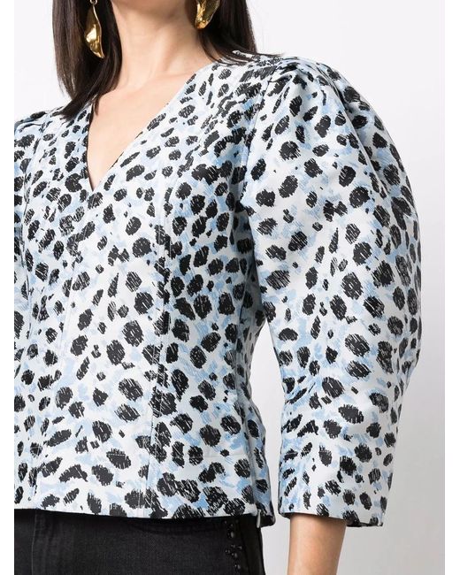 Ganni Blue Leopard-Print Puff-Sleeve Top
