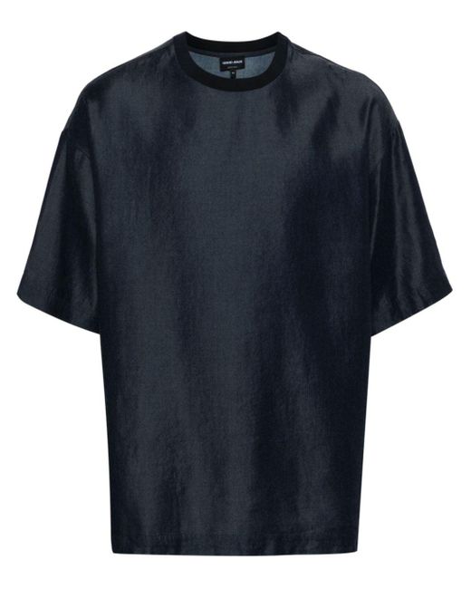 Giorgio Armani Blue Logo-embroidered Denim T-shirt for men