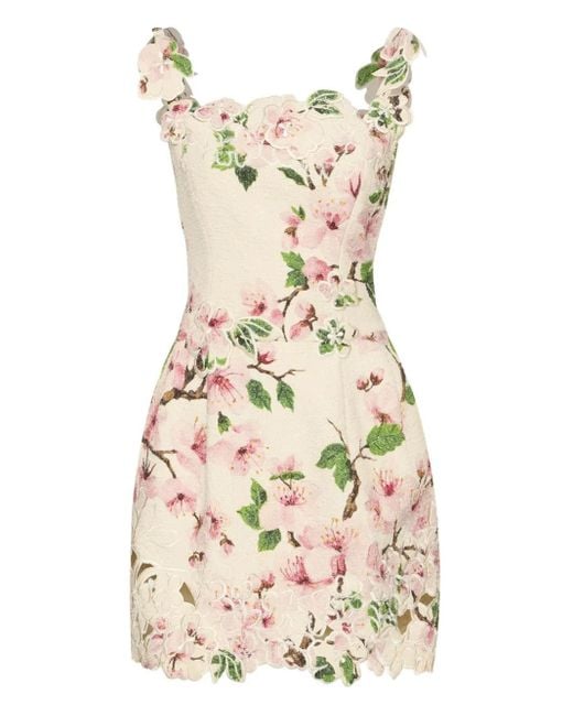 Abito Corto Con Pizzo A Fiori di Oscar de la Renta in Natural