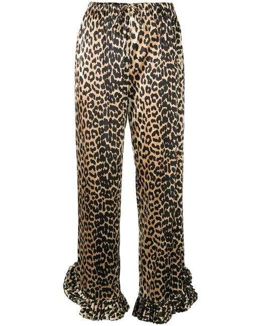 Ganni Brown Ruffled Hem Leopard Print Trousers