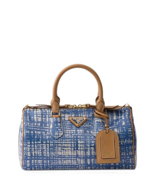 Prada Blue Small Linen Blend And Leather Top-Handle Bag