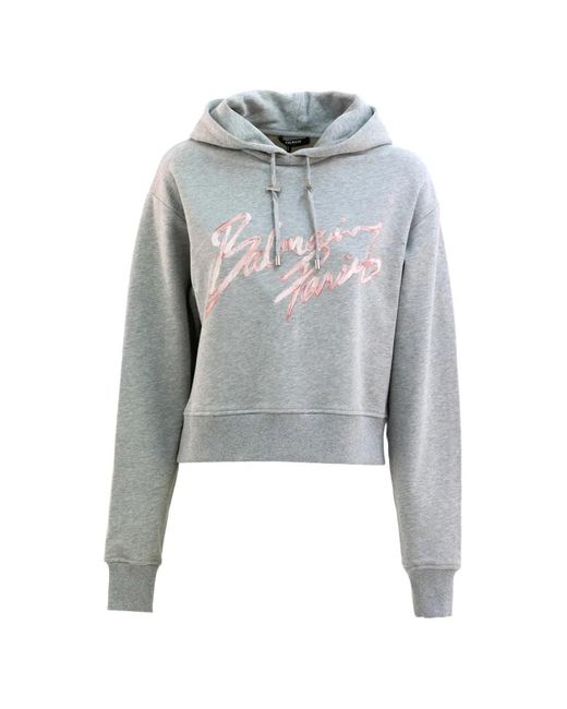 Balmain Gray Logo-Embroidered Hoodie