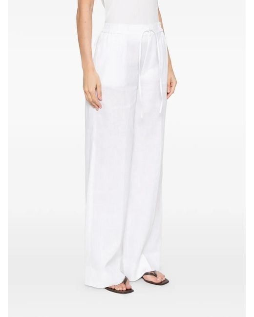 Twinset White Linen Trousers With Embroidered Logo